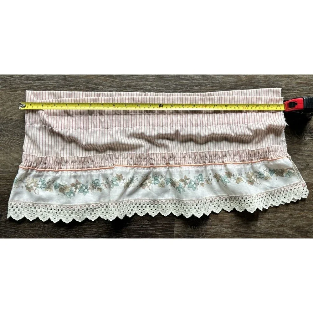 VTG 2 VALANCES Ruffled Stripes W Vines Flowers & Lace Trim Cottage Core 48 X 12